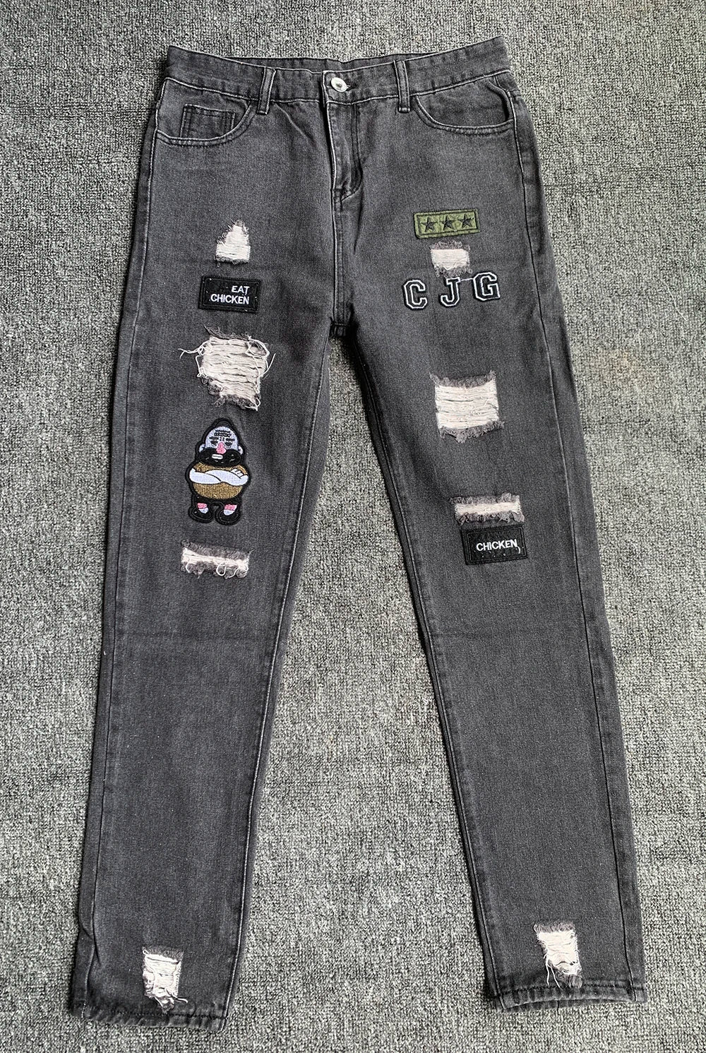 White Embroidery Skinny Ripped Jeans Men Cotton Stretchy Hole Slim Fit Hip Hop Denim Pants Casual Jeans for Men Jogging Trousers