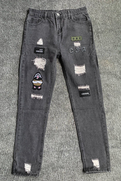 White Embroidery Skinny Ripped Jeans Men Cotton Stretchy Hole Slim Fit Hip Hop Denim Pants Casual Jeans for Men Jogging Trousers