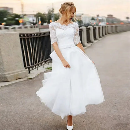 Customized Elegant Midi Wedding Dresses White Lace Appliques Tea Length Bridal Gowns A-line Scoop Neck Half Sleeves Bride Dress