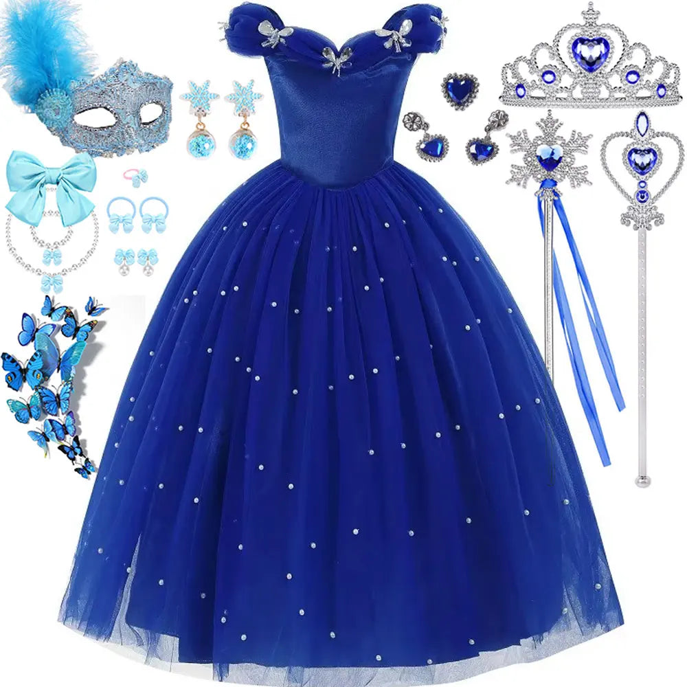 Cinderella Princess Same Cosplay Style Dark Blue Girl Luxury Dress Off-Shoulder Puff Skirt Christmas Party Gift Dress Set