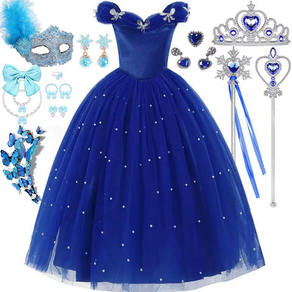 Cinderella Princess Same Cosplay Style Dark Blue Girl Luxury Dress Off-Shoulder Puff Skirt Christmas Party Gift Dress Set