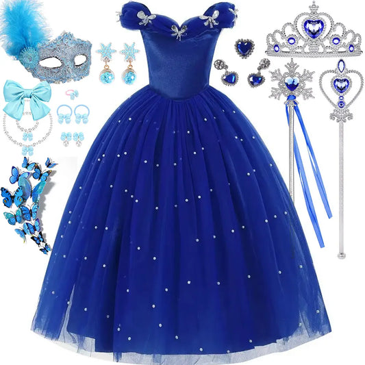 Cinderella Princess Same Cosplay Style Dark Blue Girl Luxury Dress Off-Shoulder Puff Skirt Christmas Party Gift Dress Set