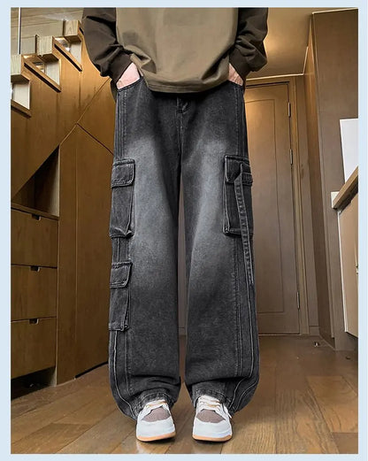 Autumn New Men's Loose Jeans Multi-pocket Work-wearing Jeans Street Hip-hop Straight Wide-leg Pants Baggy Dance Pants