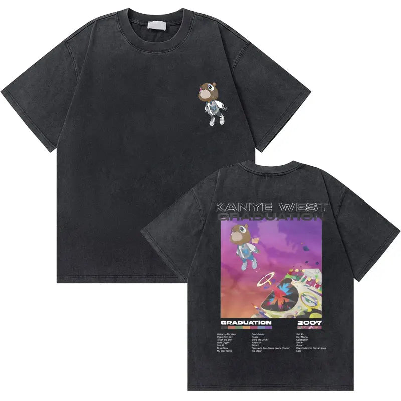 Washed Vintage Rapper Kanye West Graduation Bear Graphic T Shirt Men Pure Cotton T-shirt Men's Hip Hop Fashion Oversized Tshirt