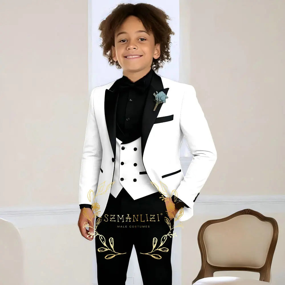 Boys Suit Wedding Tuxedo 3 Pieces Peaked Collar Jacket Pants Vest Child Formal Blazer Set Slim Fit Outfit costume garcon mariage