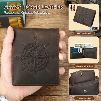 Compact-patterned Crazy Horse leather men's wallet, prone to scratches and repairable