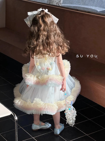 Sweet Baby Girls Elegant Rainbow Gradient Tutu Princess Cake Sundress Kids Tulle Ruffle Trim Puffy Birthday Party Casual Gown
