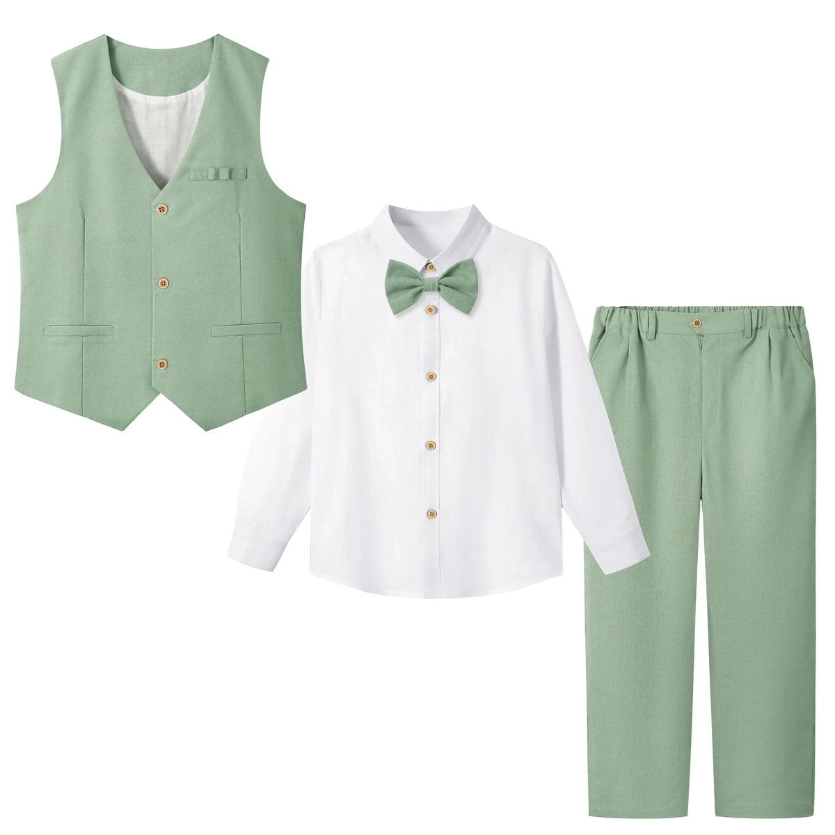 4Pcs Boys Linen Suit Dress Clothes Kids Graduation Wedding Outfit Shirt Vest Pants Set with Bow Tie 5-12 Years