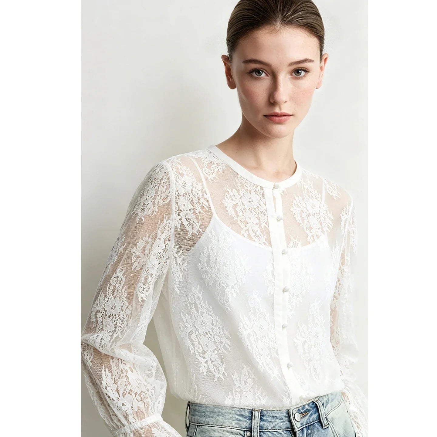 Lace Women's Blouse 2026 Autumn Crew Neck Sheer Long Sleeve Tops For Woman Lightweight Breathable Vacation Shirt 12643002