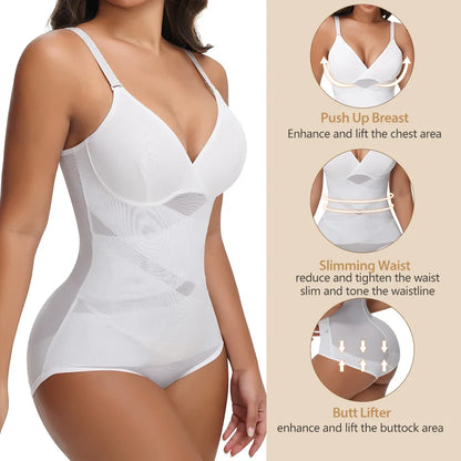 Cross Waist Tummy Control Body Shaping Bodysuit for Women Full Body Control V-Neck Mesh Breathable Briefs Underwear Butt Lifter