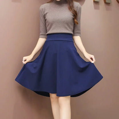 55cm Long Skirt Women's High Waist Knee Sun Half Skirt Fashion Versatile Black Casual Clothing Fluffy Pleated Skirts No Shorts
