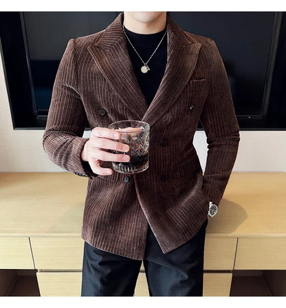 Autumn Winter New Men Corduroy Suit Jackets Double-Breasted Striped Slim Fit Casual Coats High Quality Formal Business Tailcoat
