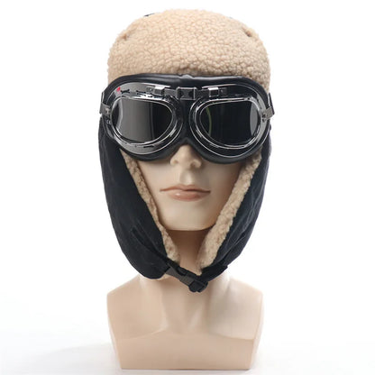 Army Military Ushanka Men&Women Windproof Winter Bomber Hats with Goggles Warm Lamb Wool Pilot Earflap Thermal Snow Cap