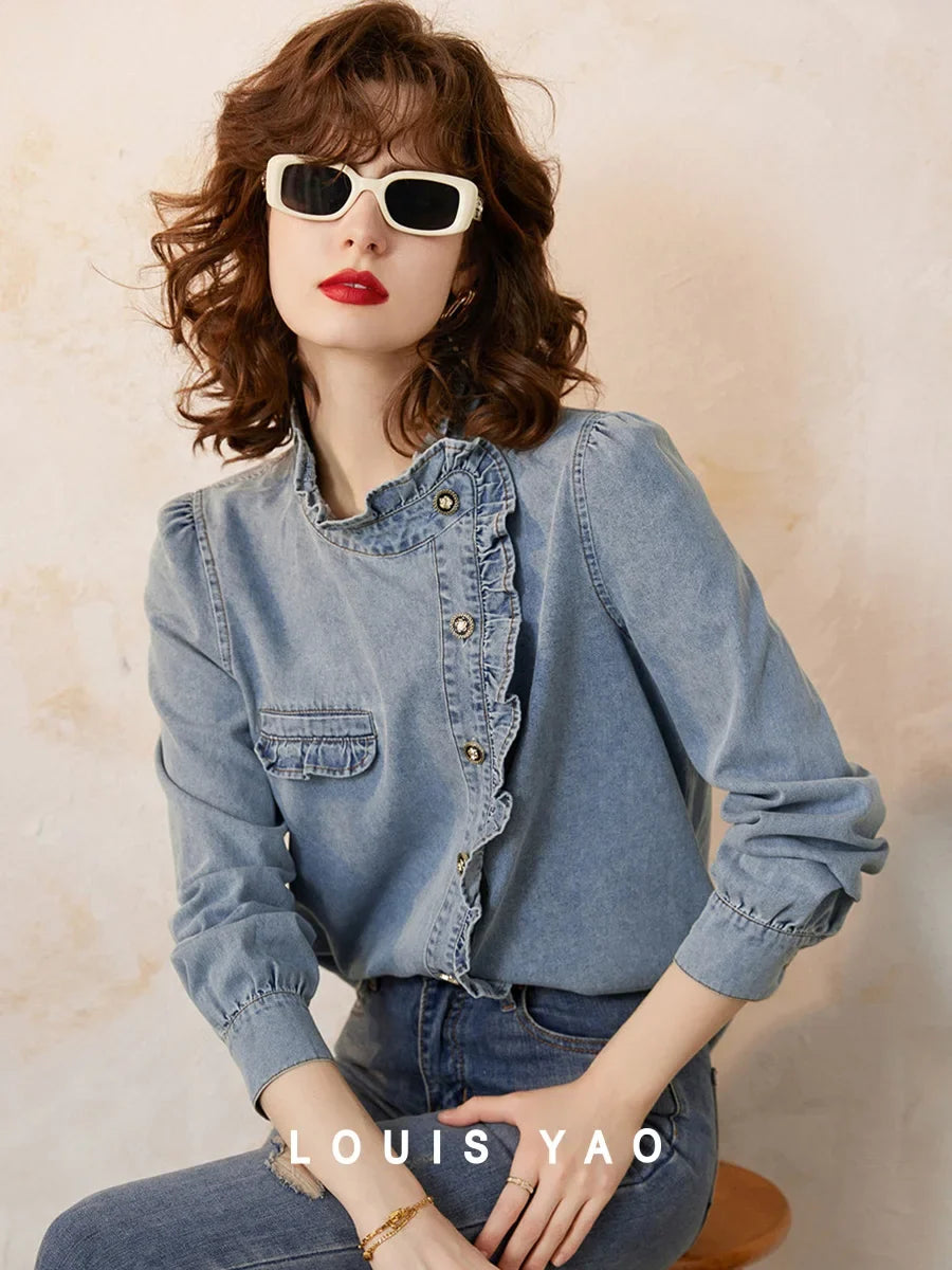 2025 Spring Autumn Palace Style Ruffled Denim Blouse Small Stand Collar Oblique Placket Long Sleeve Shirt for Women