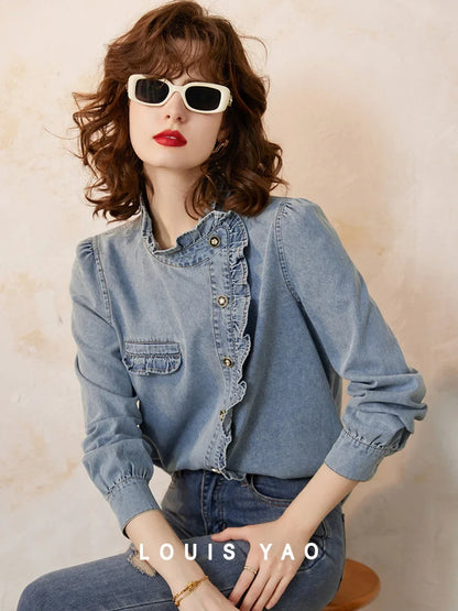 2025 Spring Autumn Palace Style Ruffled Denim Blouse Small Stand Collar Oblique Placket Long Sleeve Shirt for Women