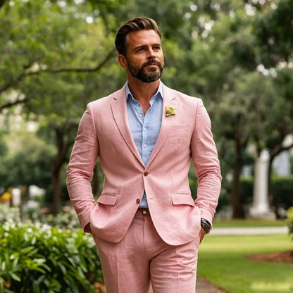 Beige Linen Men Suits 2 Pieces Summer Wedding Suits Slim Fit Casual Formal Blazer Pants Set For Groom Prom Party suit for men