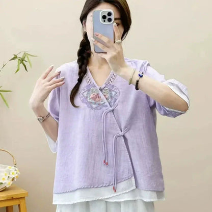 Casual Loose Blouse Shirt Women Clothes Summer Cotton Linen Ladies Tops Tee Blusas Vintage Embroidery Woman Shirt Camiseta Mujer