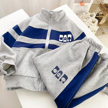 Boys Contrast Alphabet Full Zip Sweatshirt Jacket+Sweatpant Workout Set School Kids 2PCS Tracksuit Children Jogger Outfit 5-16Yr