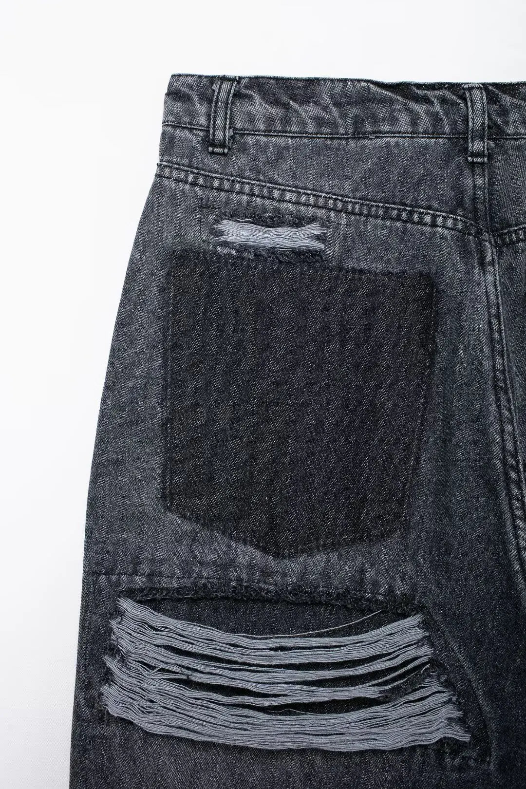 2024 Women's Street Fashion Denim Blue Jeans Distressed Patchwork High Waist Zipper Fly Ripped Retro Long Pants