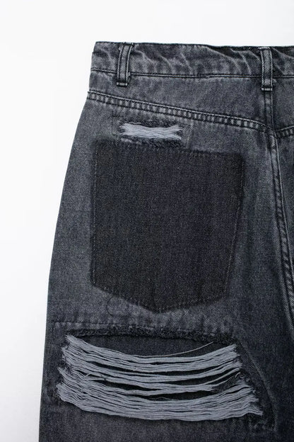 2024 Women's Street Fashion Denim Blue Jeans Distressed Patchwork High Waist Zipper Fly Ripped Retro Long Pants