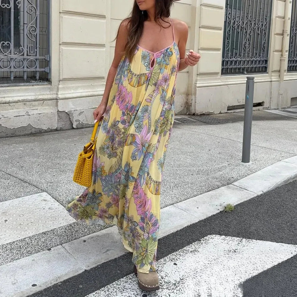 Sexy Floral Print Chiffon Print Loose Dress Women Cami Loose Beach Dress Fashion 2025 Summer Backless Female Dress