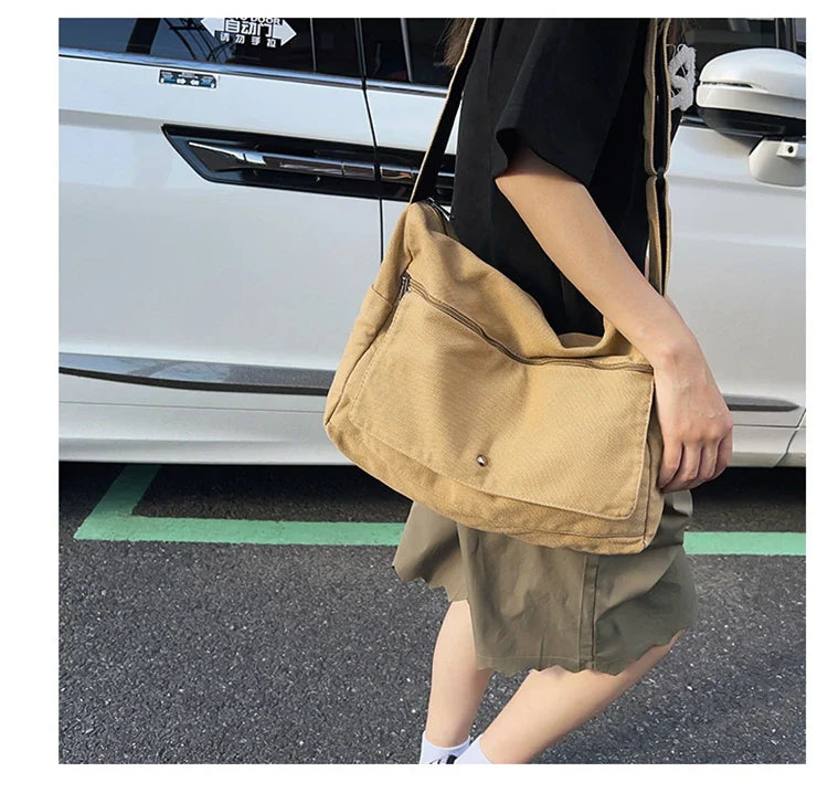 Solid Color Canvas Shoulder Bags Women 100% Cotton Satchels Korea Style Cloth Messenger Bags Large Crossbody Bags Book Packages