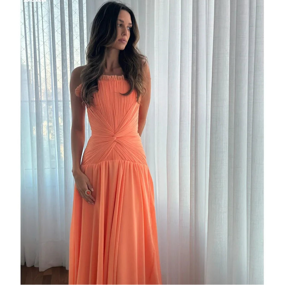 Customized Orange A-Line Strapless robes de soirée Sleeveless Chiffon Chic Party Dresses Floor-Length Zip Prom Dress 2026