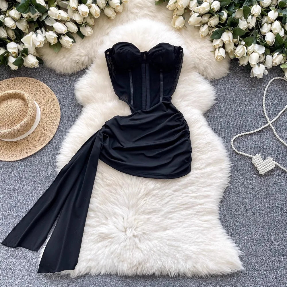American Sexy Hollowed-out Waist Tube Top Dress for Women's Pleated Waist Hip-wrapped Streamer Girl's Short Dress