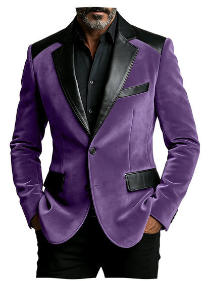 Men's Camel Velvet Blazer with Leather Patchwork Slim Fit Formal Casual Tuxedo Jacket Two-Tone Business Suit Coat