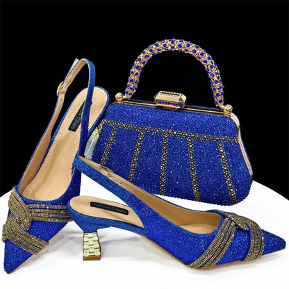 Nigerian Heel Party for Women Shoes and Bag Set Champagne Colour Rhinestone Handbag Italian Design Wedding INS 2024