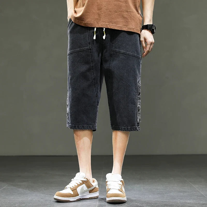 Korean Style Summer Men's Black Wide Leg Denim Shorts New Fashion Casual Baggy Short Jeans Male Plus Size 6XL 8XL YBR602