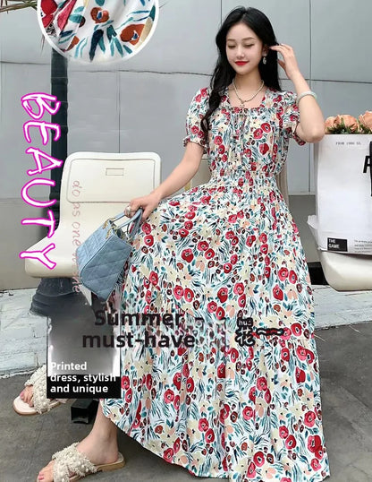 Summer New Cotton Silk Floral Print Maxi Dr ort Sve Beachwear High Waist Young Women's Large Skirt Swing Dr