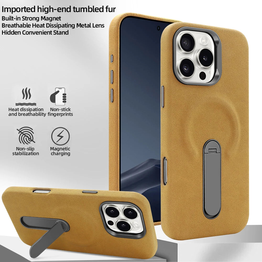 For iPhone 17 Pro Protective Case With Metal Rotatable Kickstand Suede Artificial Leather Phone Case For iPhone 17 16 15 Pro Max