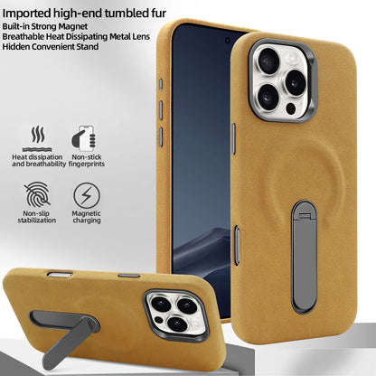For iPhone 17 Pro Protective Case With Metal Rotatable Kickstand Suede Artificial Leather Phone Case For iPhone 17 16 15 Pro Max