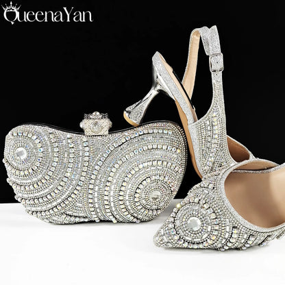 High-end Matching Women's Shoes with Diamond Hard Box Bag Popular in Nigeria Party Women's High Heels