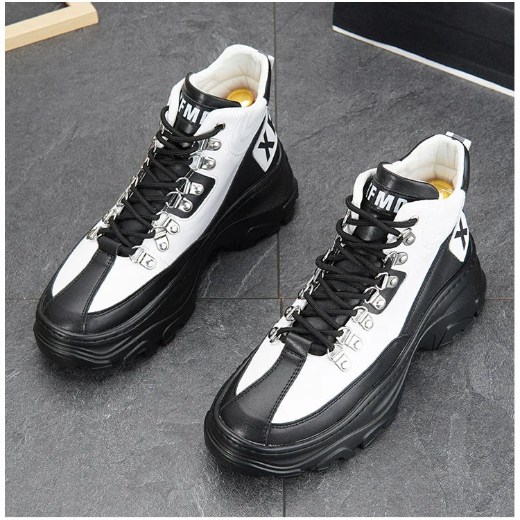 White High Top Board Boots for Men Thick Soled Men Boots with Elevated Height Inside Outdoor Casual Versatile High-top Shoes