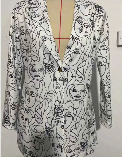 Elegant and Youth Blazer Spring Fashion Vintage Irregular Print Casual Woman Clothing High Street Lapel Blazer Woman Outerwears