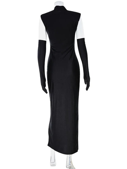 Fashion Women's Maxi Dress With Scarf Half Turtleneck Solid Sheath Bodycon High Split Party Eelgant Trend Vestidos Robes