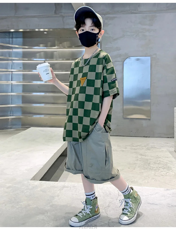 Boys 2 Piece Summer Set Child Clothes Outfits Pliad T-shirt Shorts Cotton Suit Teenager Kids Luxury Clothing Set Tracksuit 5-14Y