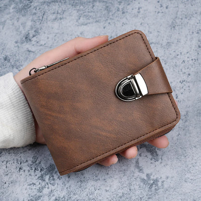 New Men's Short Wallet Retro Lock Business Large Capacity Multi-Card Slot Money Clip Change Purse Zipper Coin Pouch