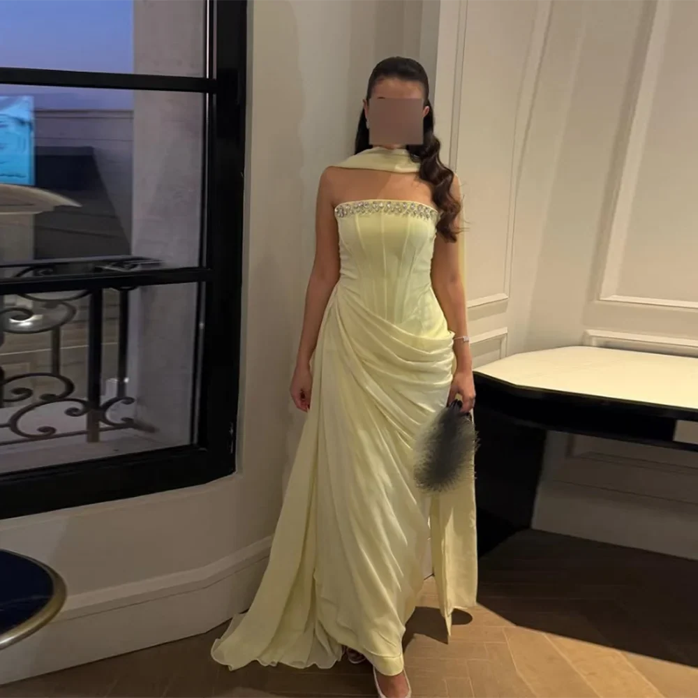 Customized Strapless Evening Dresses Pleat rhinestone Beading Draped Straight ProM Gown Modern Long Chiffon Backless Party Dress
