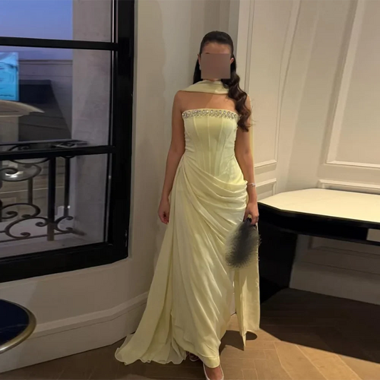 Customized Strapless Evening Dresses Pleat rhinestone Beading Draped Straight ProM Gown Modern Long Chiffon Backless Party Dress