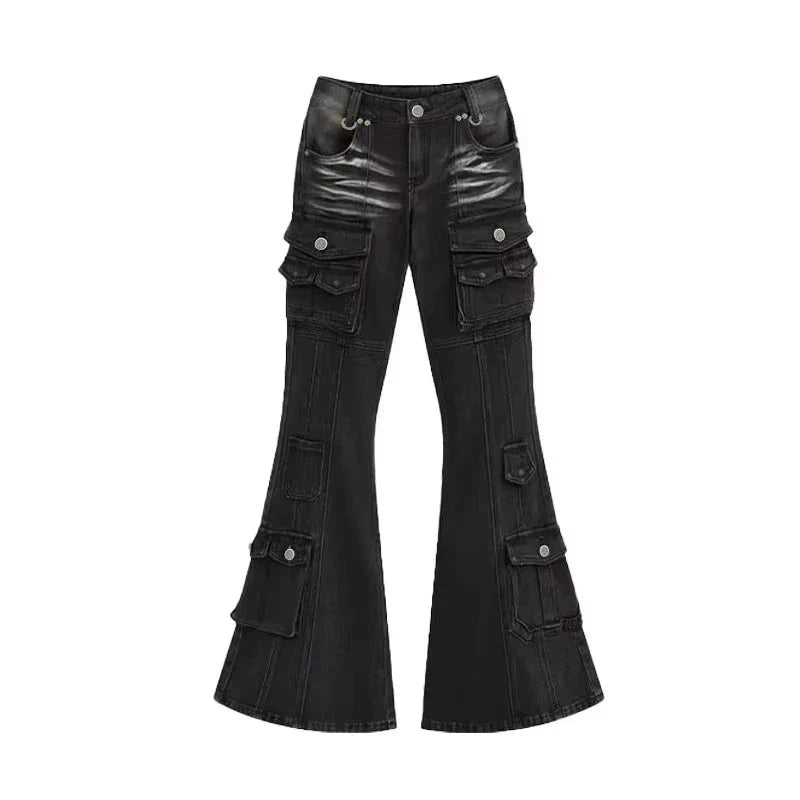 Acubi Fashion Black Flare Jeans Retro Whiskers Skinny Stretch Low Rise Pockets Cargo Pants Women Grunge Alt Streetwear