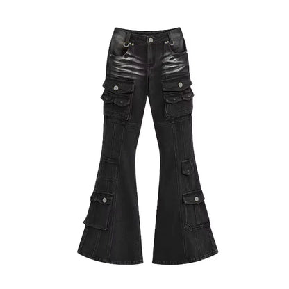 Acubi Fashion Black Flare Jeans Retro Whiskers Skinny Stretch Low Rise Pockets Cargo Pants Women Grunge Alt Streetwear