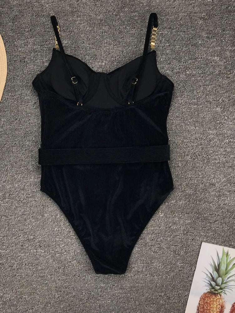 Sexy Push Up Underwire Swimwear Women Solid White Black Padded Buckle One Piece Swimsuit Beach Bathing Suit Bodysuit Monokini