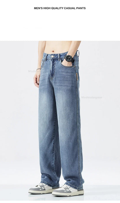 Stretch Jeans Men's 2024 New Lyocell Fabric High Quality Soft Loose Wide Pants Elastic Waist Casual Denim Trousers Streetwear