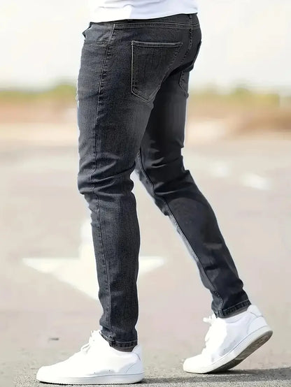 New men's jeans elastic slim fit pants street wear classic ripped cat whiskers casual jeans tight zipper denim clothing black bl