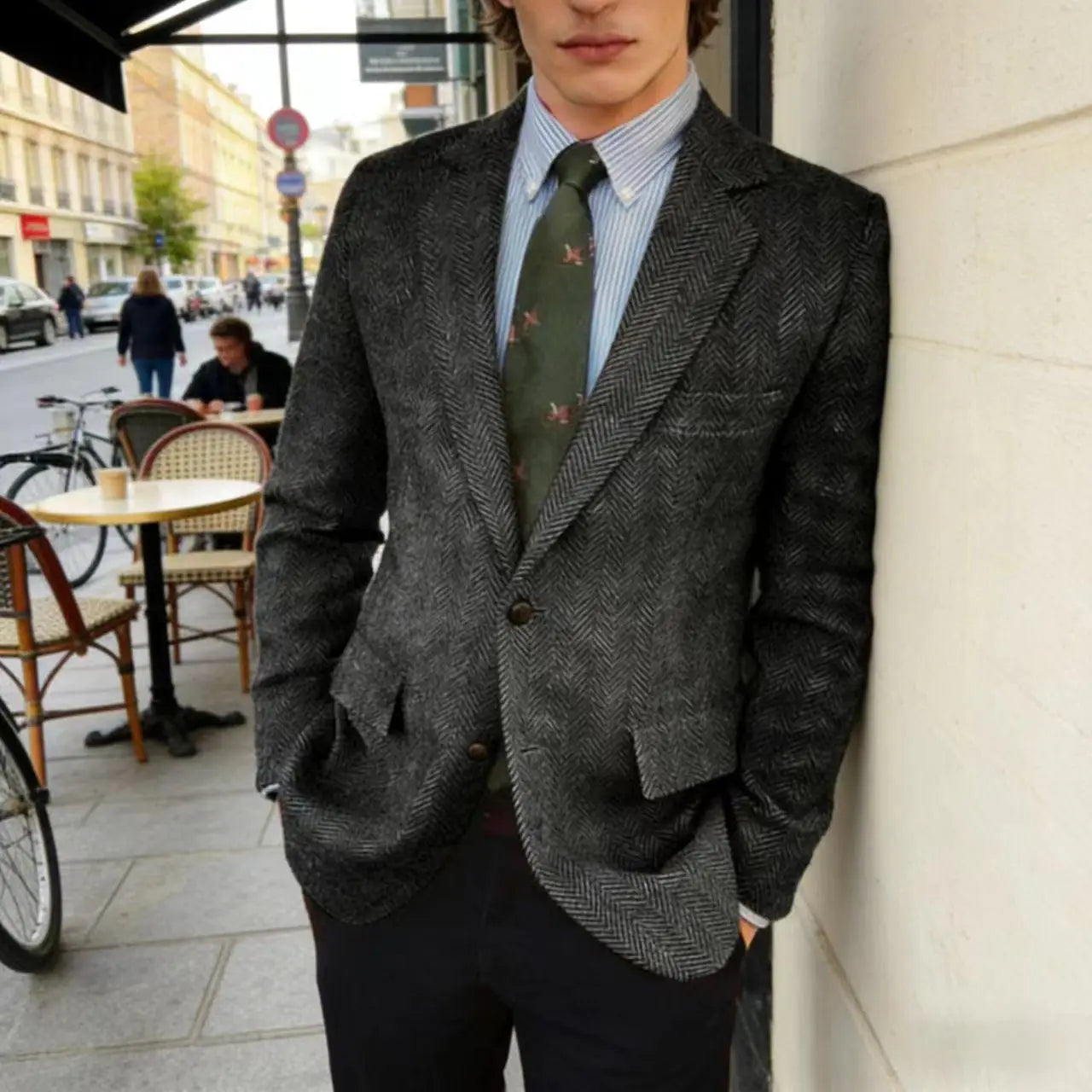 Men's Grey Herringbone Tweed Blazer Classic-Fit Notched Lapel Casual Jacket Slim Fit Business Wedding Suit Coat Plus Size