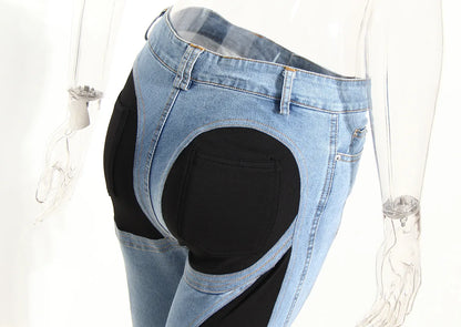 Jeans Women Pencil Pants 2023 Fashion High Waist Contract Color Patchwork Split Long Denim Pants Elastic Skinny Trousers