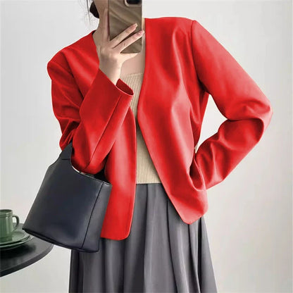 2025 Spring Autumn Fashion New Women's Suit Jackets Solid Short Coats Korean Blazers Long Sleeve Cardigan Coat Without Placket